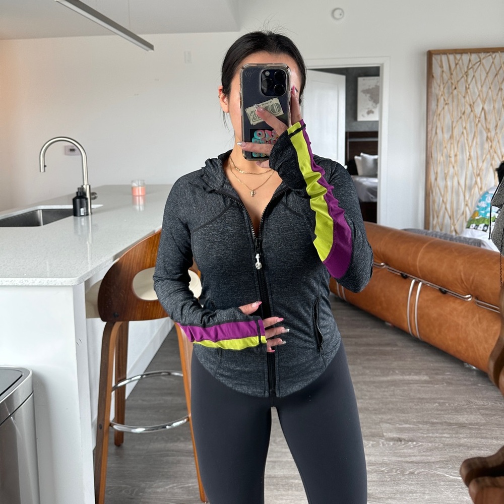 Lululemon define full-zip zip up jacket in gray with purple and green accents